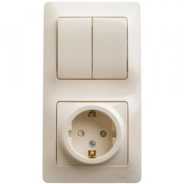 Блок розетка с заземлением со шторкой и выключатель двухклавишный GLOSSA БЕЖЕВЫЙ GSL000274