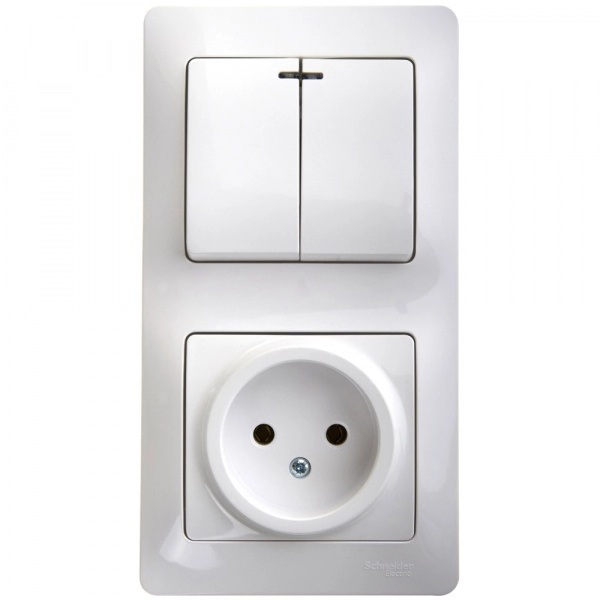 Блок розетка и выключатель двухклавишный с подсветкой GLOSSA БЕЛЫЙ GSL000173