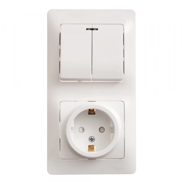 Блок розетка с заземлением со шторкой и выключатель двухклавишный с подсветкой GLOSSA БЕЛЫЙ GSL000175