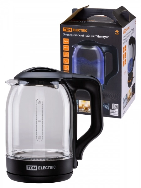 Электрический чайник "Нептун", стекло, 1,8л, 1800 Вт, черный, TDM