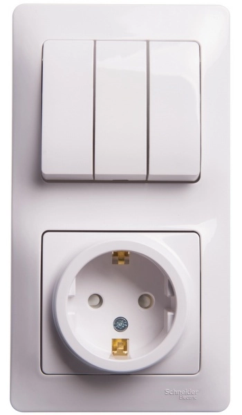 Блок розетка с заземлением со шторкой и выключатель трехклавишный GLOSSA БЕЛЫЙ GSL000178