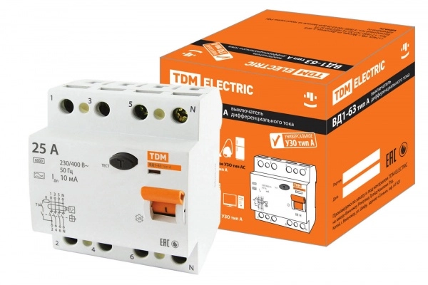 УЗО  4П  25А   10мА  TDM  ВД1-63 тип А