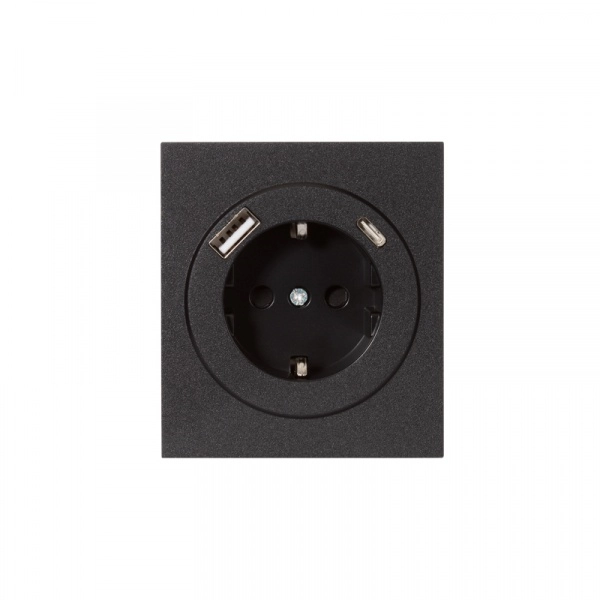 Розетка STRONG одноместная с заземлением скрытой установки со шторкой 16А с USB A+C быстрой зарядки 5В/3А АНТРАЦИТ KRANZ