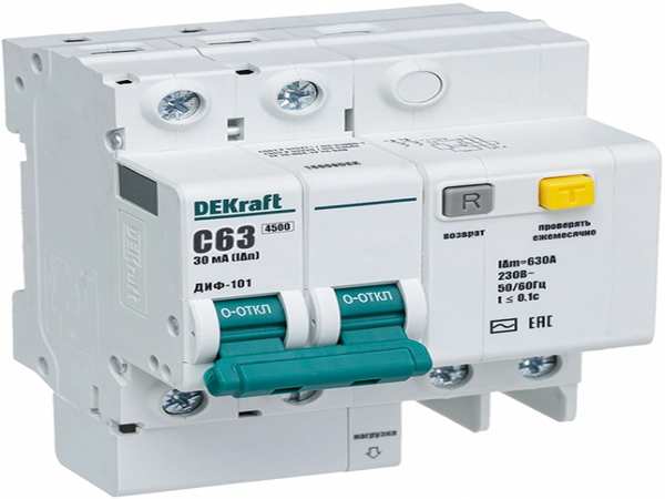 Автоматический выключатель дифференциального тока 2П 63А 30мА DEKraft тип AC характеристика С ДИФ-101 4,5кА