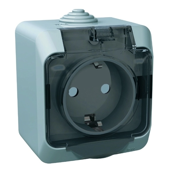 Розетка одноместная с заземляющими контактами со шторками с крышкой IP44 ЭТЮД СЕРЫЙ открытая установка PA16-044C