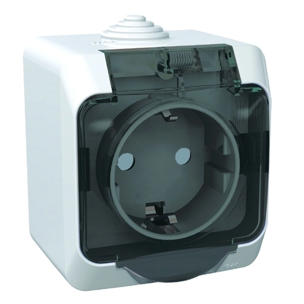 Розетка одноместная с заземляющими контактами со шторками с крышкой IP44 ЭТЮД БЕЛЫЙ открытая установка PA16-044B