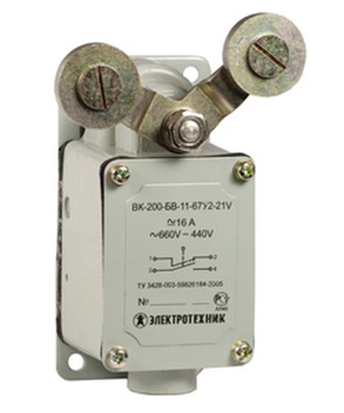 Выключатель путевой ВК-200-БВ-11-67У2-21, V-обр рычаг с рол. на каждом плече, без сальника, ход вправо, cамовозврат, ступень 2- 51мм, IP67