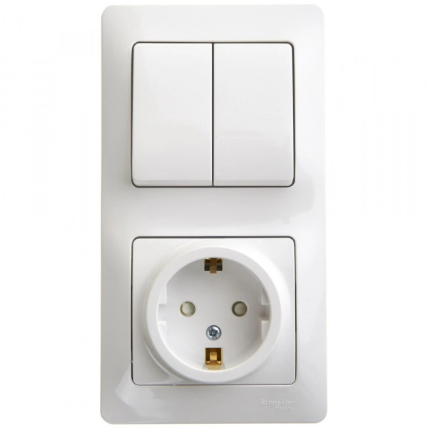 Блок розетка с заземлением со шторкой и выключатель двухклавишный GLOSSA БЕЛЫЙ GSL000174