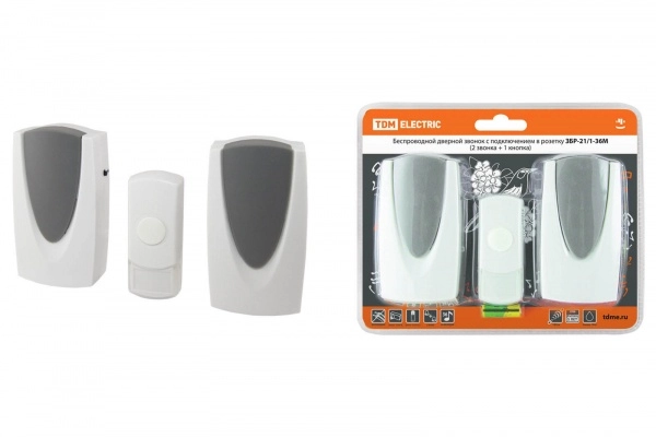 TDM Звонок беспроводной в розетку ЗБР-21/1-36М (36 мелодий, кнопка IP44, AC 230V, 2 звонка) SQ1901-0012