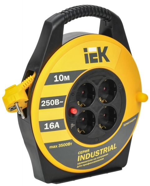 Удлинитель на катушке с заземлением 4 гнезда 10м ПВС3х1,5 2Р+PЕ с термозащитой УК10 'Industrial' IEK WKP15-16-04-10