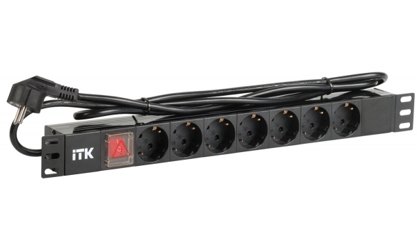 ITK PDU 7 розеток нем. стандарт, с LED выключателем,1U, шнур 2м вилка нем. стандарт, алюминиевый профиль