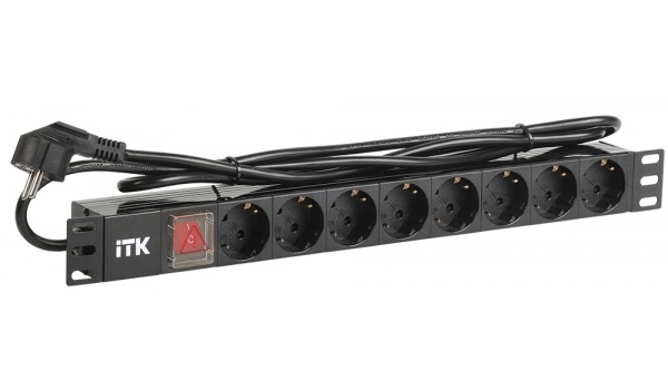 Блок PDU 8 розеток DIN49440 (немецкий cтандарт) с LED выключателем, 1U, шнур 2м вилка DIN49441 (немецкий стандарт), профиль из ПВХ, черный ITK
