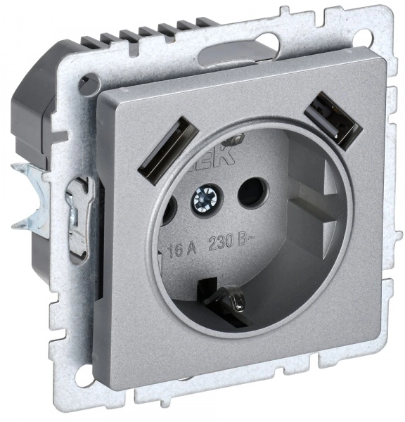 Розетка с заземляющими контактами со шторками 16А с USB A+A 2,1А BRITE АЛЮМИНИЙ РЮш10-1-БрА IEK