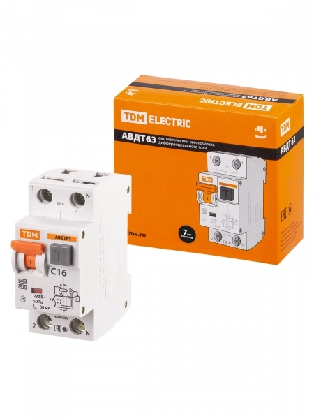 Автоматический выключатель дифференциального тока  2П  16А  30мА  TDM  АВДТ-63  характеристика С