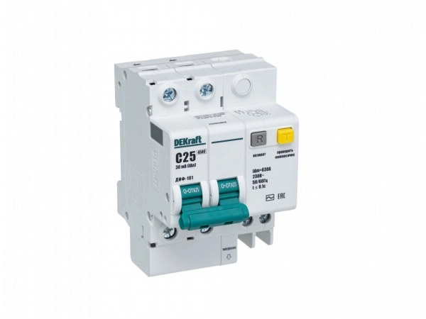 Автоматический выключатель дифференциального тока  2П  25А   30мА  DEKraft  ДИФ-101  характеристика С  тип AC  4,5кА