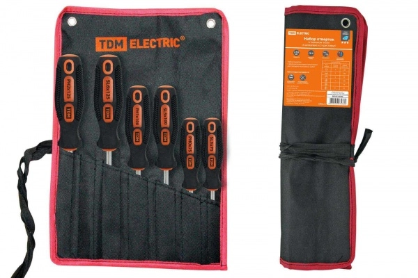 Набор отверток 6 предметов: SL:3х75; 5х100; 6х125, PH:0х75; 1х75; 2х100 (тканевый чехол), CR-V "Алмаз" TDM