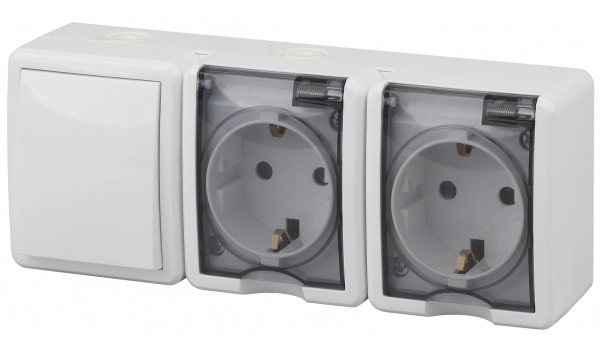 Блок две розетки с заземлением + Выключатель одноклавишный ЭРА ЭКСПЕРТ IP54 БЕЛЫЙ 16АХ (10AX) 250В открытая установка 11-7403-01 Б0027673