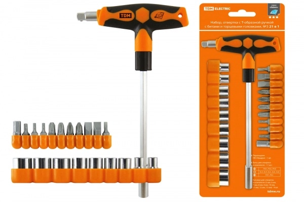 Набор отвертка с Т-образной ручкой с битами и торцевыми головками, №3, 21 предмет "Алмаз" TDM
