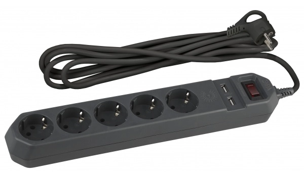 Сетевой фильтр 5 гнезд 1,5м с заземелнием +2USB ПВС 3x0,75 10А 2200Вт черный USF-5es-1,5m-USB-B ЭРА Б0019036