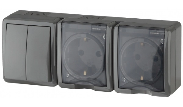 Блок две розетки с заземлением + Выключатель двухклавишный ЭРА ЭКСПЕРТ IP54 СЕРЫЙ 16АХ(10AX) 250В открытая установка 11-7404-03 Б0027676