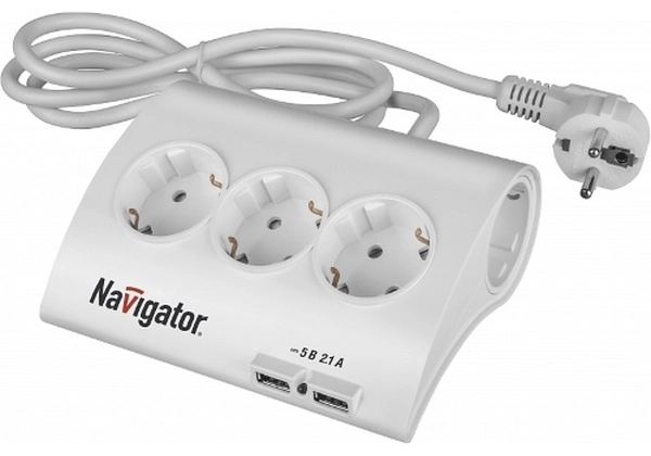 Удлинитель бытовой волна 5 гнезд 1,8м с заземлением с выключателем +2хUSB ПВС3х1 16А 3500Вт NPE-USB-05-180-ESC-3X1.0 белый Navigator 71544