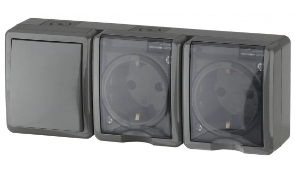 Блок две розетки с заземлением + Выключатель одноклавишный ЭРА ЭКСПЕРТ IP54 СЕРЫЙ 16АХ (10AX) 250В открытая установка 11-7403-03 Б0027674