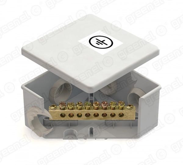 Шина уравнивания потенциалов Greenel GE41360  ШДУП/КУП  Коробка 85*85*40мм открытой установки IP44  6 гермовводов шина 6х9 8 групп  GE41360