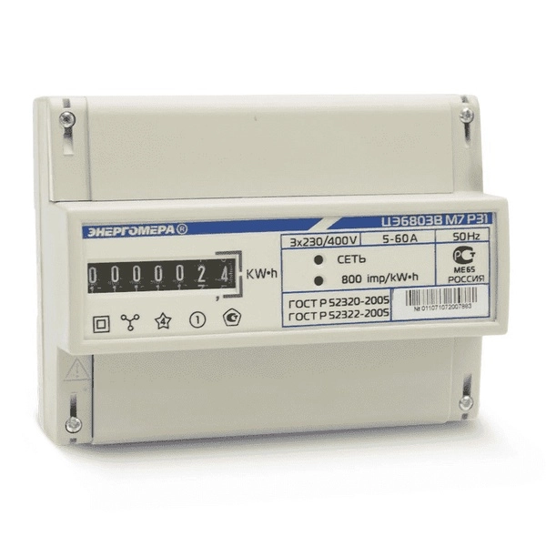 Счетчик трехфазный однотарифный Энергомера ЦЭ6803В/1 5-60А 3-фазн. 4пр. М7 Р31 DIN, ОУ