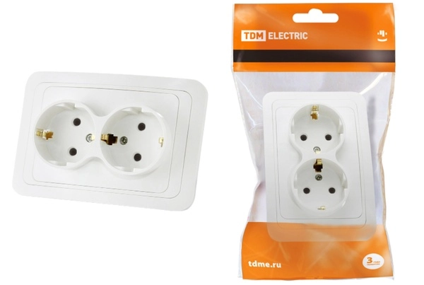 Розетка двухместная с заземлением TDM Валдай скрытая установка 16А IP20 SQ1804-0010