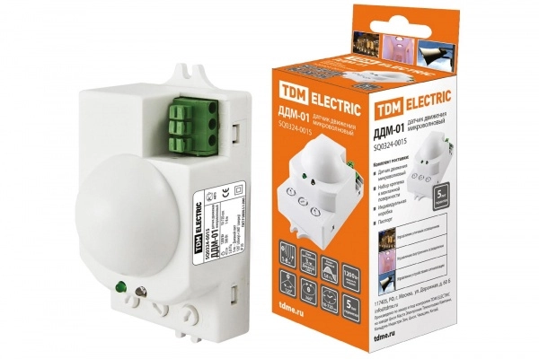 Датчик движения TDM ДДМ-01 5,8ГГц 1200Вт, 10-720с, 1-8м, 3+Лк, 120(сбоку)+360(сверху) гр IP20