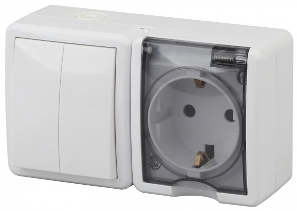 Блок розетка с заземлением + Выключатель двухклавишный ЭРА ЭКСПЕРТ IP54 БЕЛЫЙ 16АХ(10AX) 250В открытая установка 11-7402-01 Б0020735