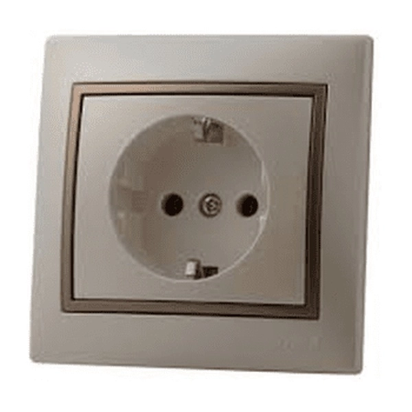 Lezard  Mira  Жемчужно-Белый Металлик Розетка с заземляющими контактами керамика светло-коричневая вставка скрытая установка 701-3