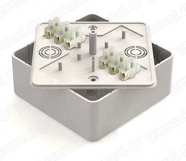 Коробка распаячная Greenel  GE41222-01 ОП 100х100х44мм белый с контактной группой 6 кл.  GE41222-01