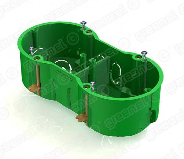 Подрозетник в ГВЛ 141х70х45 двойной металлические лапки Greenel GE40023