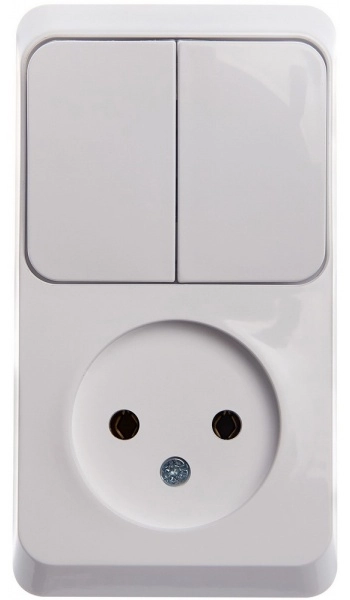Блок розетка без заземляющих контактов выключатель двухклавишный SYSTEME ELECTRIC ЭТЮД БЕЛЫЙ открытая установка BPA16-205B