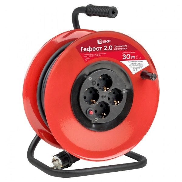 Удлинитель на катушке КГ с заземлением 4 гнезда 30м КГ3х2,5 3500Вт ГЕФЕСТ2.0 EKF UKG02-16-R325-4-30 (кратно 1)