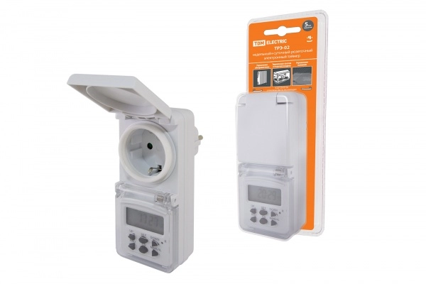 Таймер TDM розеточный ТРЭ-02-1мин/7дней-10on/off-8А-IP44 (недельный, защита от влаги)