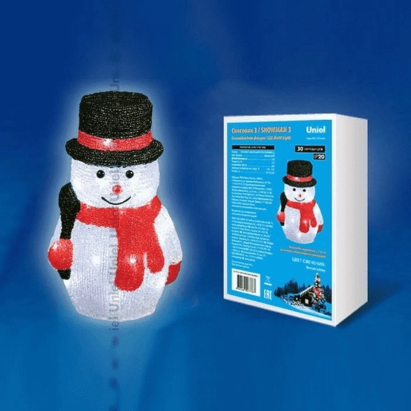 Фигура светодиодная Uniel «Снеговик-3» ULD-M1827-030/STA WHITE IP20 SNOWMAN-3, 30 светодиодов размер 18*15*27см цвет свечения-БЕЛЫЙ IP20