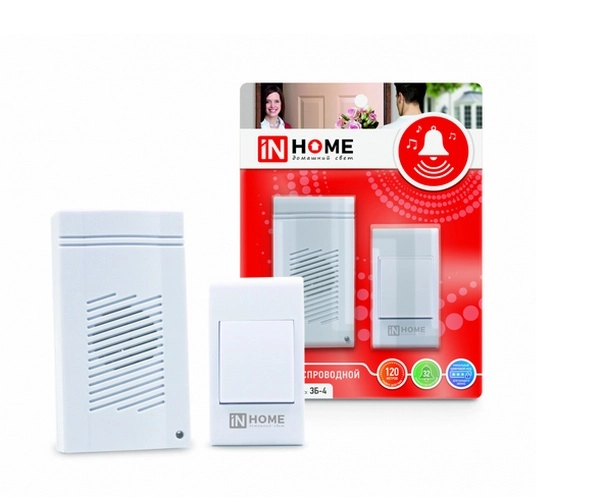 IN HOME Звонок беспроводной ЗБ-4 32 мелодии 120м сетевой с цифровым кодированием с кнопкой Белый 4690612013329