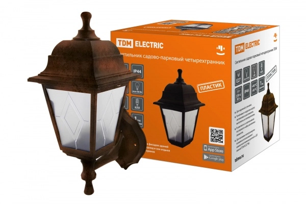 Светильник садово-парковый TDM НБУ 04-60-001 четырехгранник, настенный, пластик, рассеиватель пластик, медь