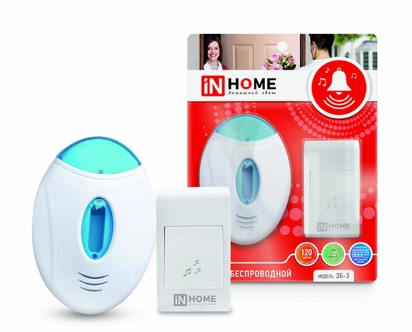 IN HOME Звонок беспроводной ЗБ-3 32 мелодии 120м с подсветкой цифровое кодирование с кнопкой Белый/Голубой 4690612013312
