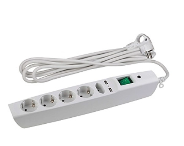 Сетевой фильтр 5 гнезд 2м с заземелнием со шторкой +2xUSB ПВС 3х0,75 10А 2200Вт SFU-5es-2m-W белый ЭРА C0043327