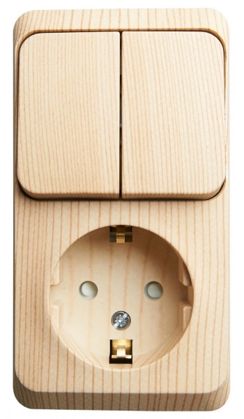 Блок розетка с заземляющими контактами со шторками выключатель двухклавишный SYSTEME ELECTRIC ЭТЮД СОСНА открытая установка BPA16-202D