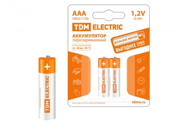 Аккумулятор TDM AAA-1100 mAh Ni-MH BP-2 (кратно 2)