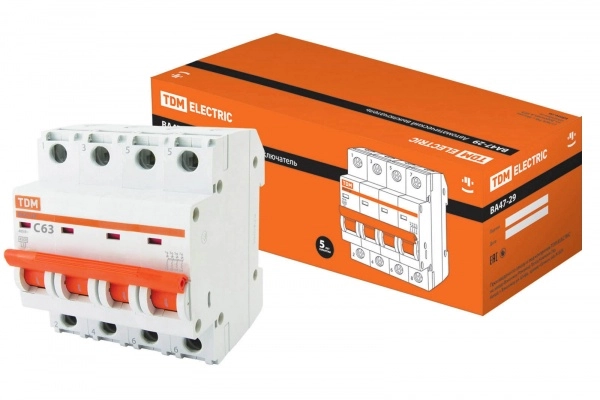 Выключатель автоматический 4П 63А характеристика С 4,5кА TDM ВА47-29