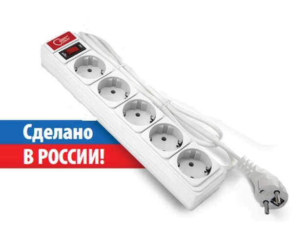 Сетевой фильтр 5 гнезд 1,5м с заземелнием ПВС 3х0,75 10А 2200Вт белый Союз (Универсал) 1324