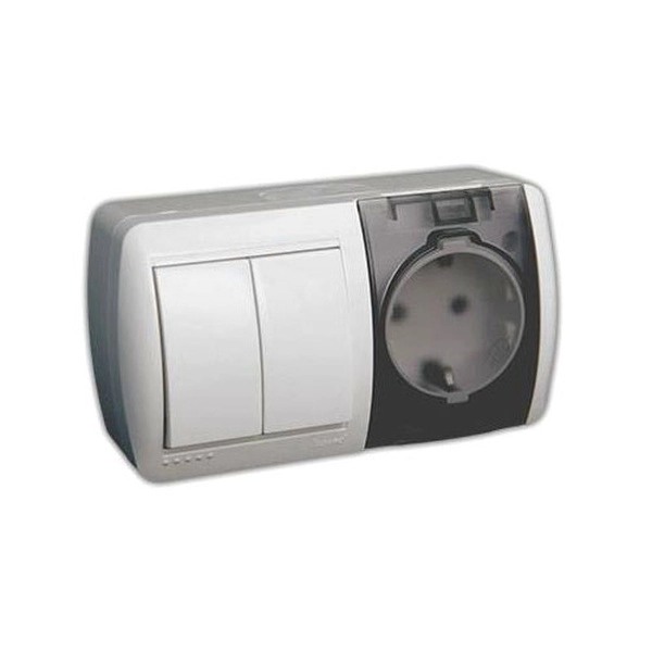 Lezard  Nata  Белый Блок Выключатель 2-клавишный и Розетка с заземляющими контактами с крышкой горизонтальный 710-0200-171