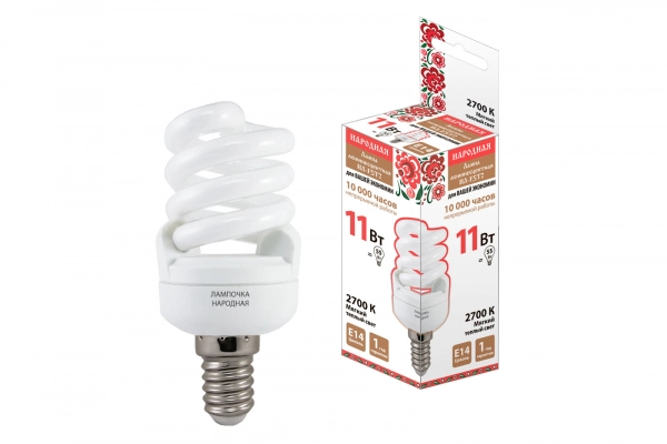 Компактная люминесцентная лампа TDM НЛ  11 Вт  2700 К  Е14 спираль