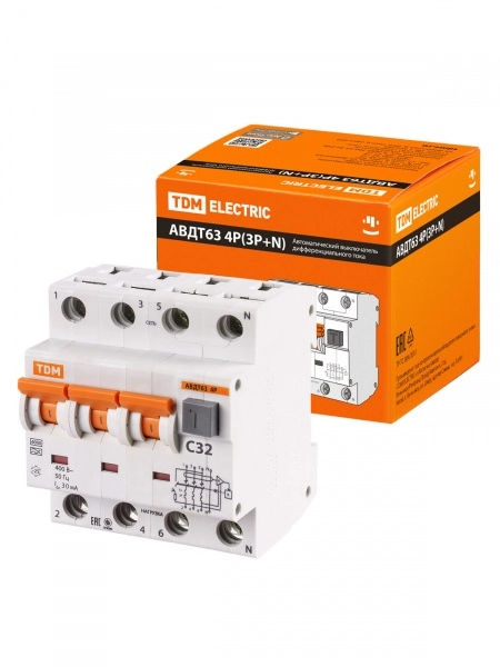 Автоматический выключатель дифференциального тока 4П 32А 30мА TDM АВДТ-63 характеристика С