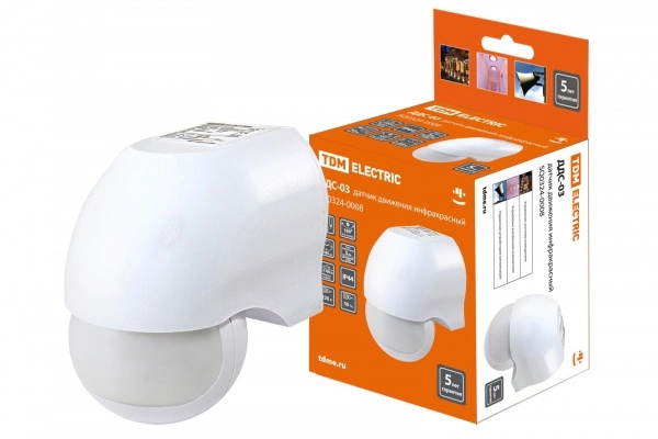 Датчик движения TDM ДДС-03 1100Вт, 5-480с, 10м, 5+Лк, 180гр, IP44